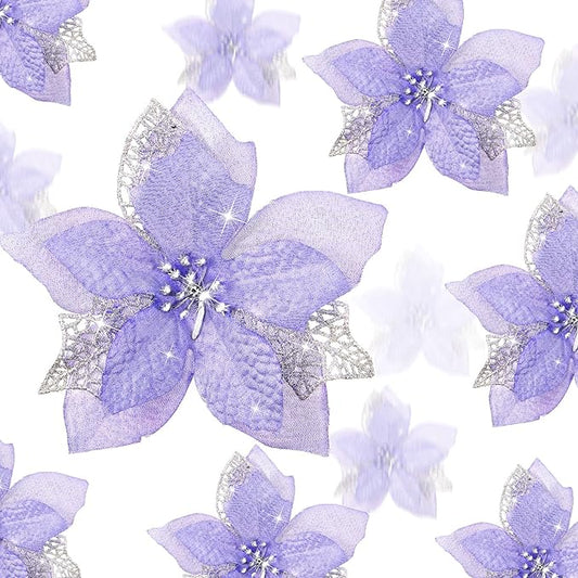 Boao 24 Pieces Christmas Artificial Glitter Poinsettia Flowers Xmas Flowers Wedding Christmas Tree New Year Ornaments(Light Purple)