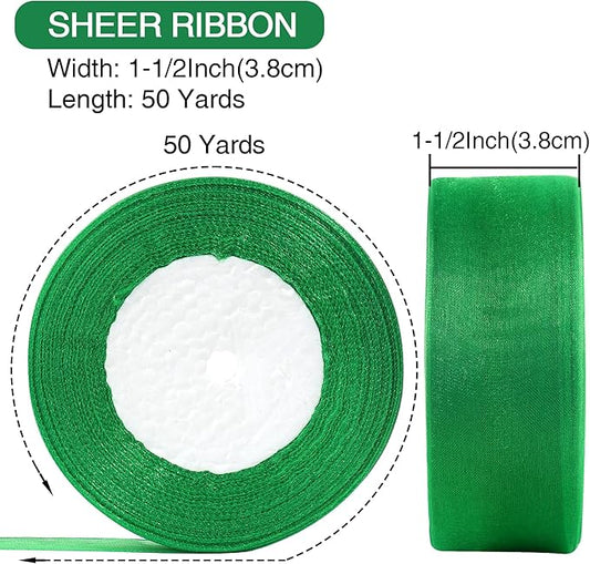 1-1/2 Inch x 50 Yards Sheer Organza Ribbon Chiffon Ribbon for Gift Wedding Flower Bouquet Wrapping Decorations Crafts (Green)