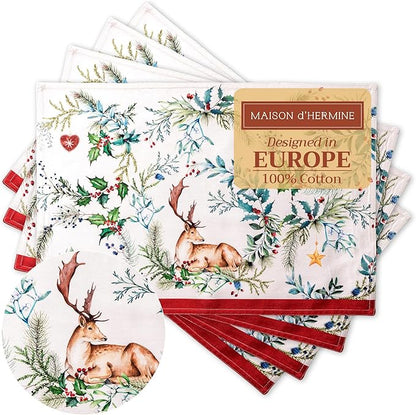 Maison d' Hermine Placemats Set of 4 100% Cotton Washable Cloth Place Mats, Reusable Table Mats for Thanksgiving Christmas Decorations Kitchen Dining Party Wedding Restaurant (Holly Time, 13" x 19")
