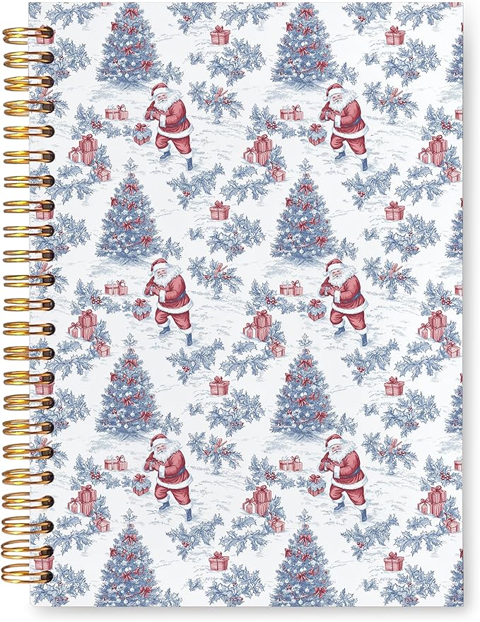 VIIJJUE Blue and White Chinoiserie Christmas Santa Notebook for Women, Vintage French Country Toile de Jouy Journal, Xmas Red Santa Holiday Hardcover Spiral Notebooks, 5.5x8.3 Inch-02
