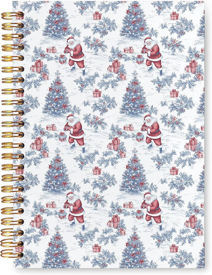 VIIJJUE Blue and White Chinoiserie Christmas Santa Notebook for Women, Vintage French Country Toile de Jouy Journal, Xmas Red Santa Holiday Hardcover Spiral Notebooks, 5.5x8.3 Inch-02