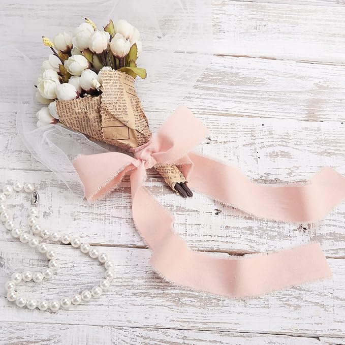 Dusty Pink Ribbon 1-1/2 x 15 Yards Handmade Cotton Frayed Fringe Fabric Ribbons for Crafts Flower Bouquets Wedding Baby Shower Home DIY Decor