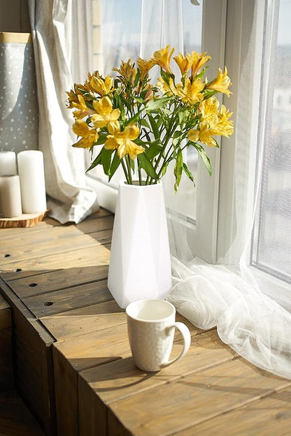 D'vine Dev 8 Inch Snow White Ceramic Vase, Geometric Handmade Craft Flower Vase with Design Box Packaged, VS-GM-SW-8