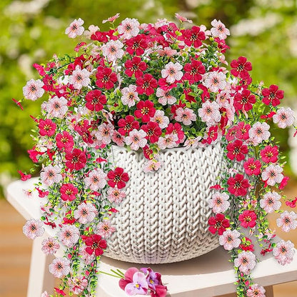 Artificial Flowers for Outdoors 6PCS，All Weather Fade Proof, UV Resistant Waterproof Realistic Faux Silk Mums Daisies Rose Red & Pink for Hanging Planters Porch Patio Balcony Deck Fence Garden Decor