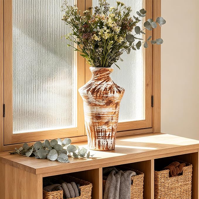 Ceramic Flower Vase Home Decor - 10" Large Rustic Farmhouse Vases Home Decor Tall Pottery Decorative Pampas Vase for Table Living Room Entryway Mantel Bookshelf Bedroom Bathroom Kitchen