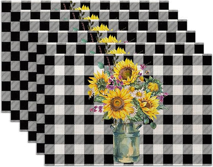 Summer Sunflower Placemats Set of 6,Washable Heat Resistant 12×18 Inch Linen Table Mats Plaid Place Mats for Party Outdoor Dining Decor