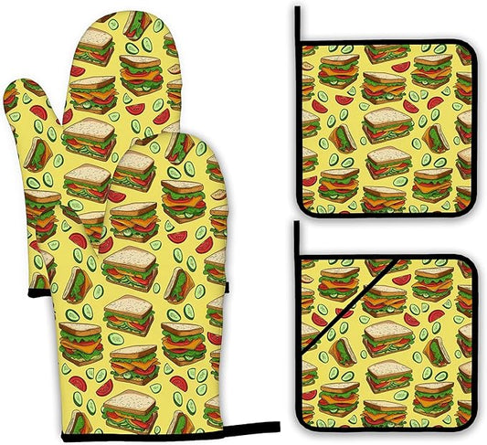 Cute Sandwich Oven Mitts and Pot Holders,Heat Resistant Oven Mitts Gloves and Pot Holder for Home Kitchen Decorations Cooking Baking BBQ Gifts,Set of 4