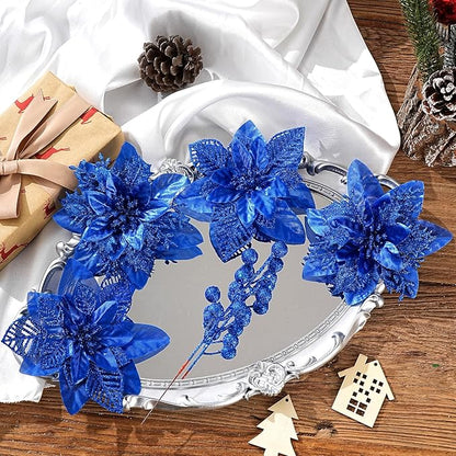 24 Pcs Royal Blue Boxed Christmas Poinsettia Flowers Set, 16 Pcs Artificial Poinsettias with Clips, 8 pcs Glitter Christmas Tree Ornaments Berry Stems for Wedding Home Holiday Xmas Decorations