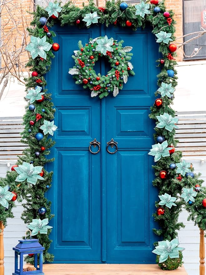 WILLBOND 24 Pcs 3 Size Poinsettia Flower Artificial Christmas Decor Glitter Poinsettia Christmas Ornaments Faux Flowers for Xmas Tree Outdoor(3.2/4/6 Inches,Blue and Green)