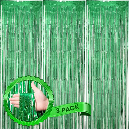3 Pack 3.3 x 8.2 ft Laser Green Foil Fringe Backdrop Curtains, Tinsel Streamers Birthday Party Decorations, Fringe Backdrop for Graduation, Baby Shower, Gender Reveal, Disco Party