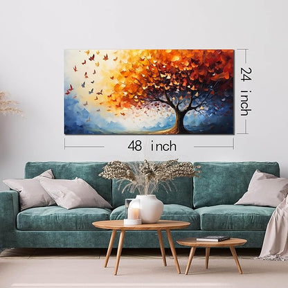 ANCXWOTER Butterfly Tree Canvas Wall Art for Living Room Bedroom Home Office Orange and Blue Colorful Butterfly Picture Tree of Life Wall Art Large Modern Canvas Prints 24x48 In