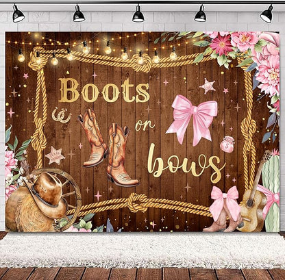 SVBright Gender Reveal Backdrop for Baby Shower 7Wx5H Western Farm Country Boots or Bows Flower Boy or Girl Hat Retro Rustic Decorations Photography Background Banner Photo Booth Studio