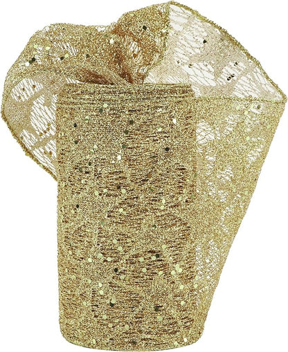 MEEDEE 6 Inch Wide Wired Ribbon Gold Glitter Mesh Web Wired Edge Ribbon by 10 Yards Roll Gold Mesh Wired Ribbons for Christmas Tree, Garland, Holiday Crafts, Wreaths, Bows, Centerpiece, Gift Wrapping