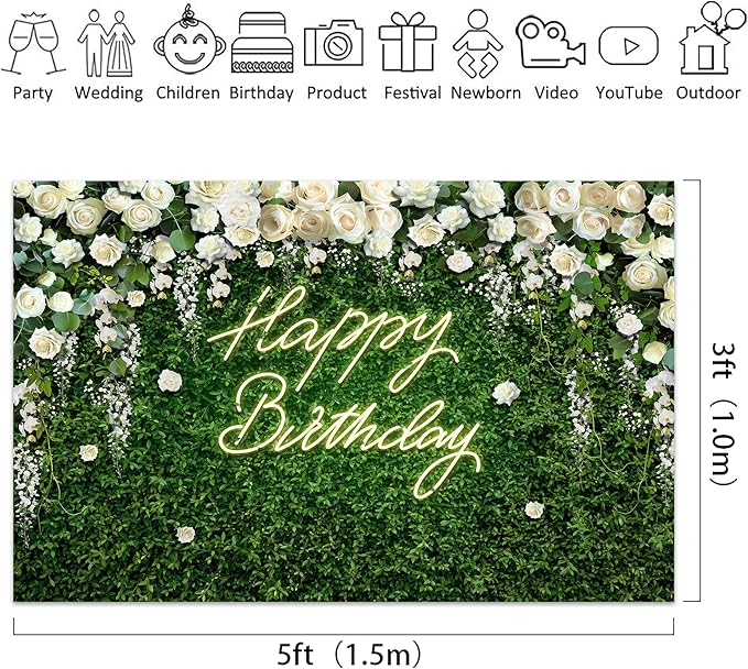 Riyidecor Green Leaves Birthday Backdrop Polyester Fabric Blooming White Rose Flower Floral Elegant Greenery Grass Wall Natural Plant 5Wx3H Feet Photography Background Birthday Photo Studio Shoot