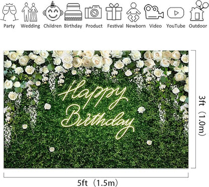 Riyidecor Green Leaves Birthday Backdrop Polyester Fabric Blooming White Rose Flower Floral Elegant Greenery Grass Wall Natural Plant 5Wx3H Feet Photography Background Birthday Photo Studio Shoot