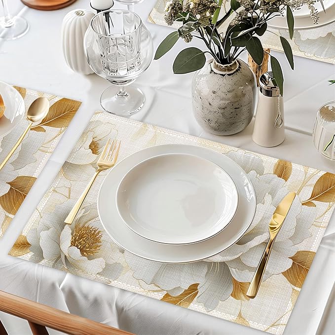 Vintage Peony Placemats Set of 6,White Gold Flower Waterproof Heat Resistant Dining Table Plate Mat for Home Kitchen Dining Table 12x18Inch