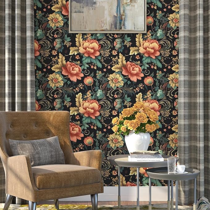 Vintage Floral Peel and Stick Wallpaper Vibrant Flower Contact Paper Boho Wallpaper for Bedroom Bathroom Shelf Liner Removable Black 17.5 x 78.5In