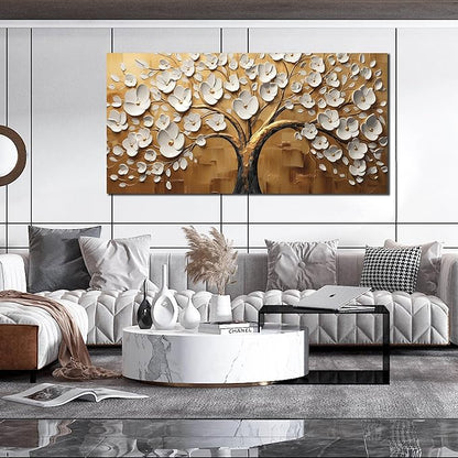 Large Wall Art for Living Room Bedroom Office Tree Art Wall Decor Gold Artwork Tree of Life Wall Art White Flower Framed Wall Decor Modern Canvas Prints 29x59 In