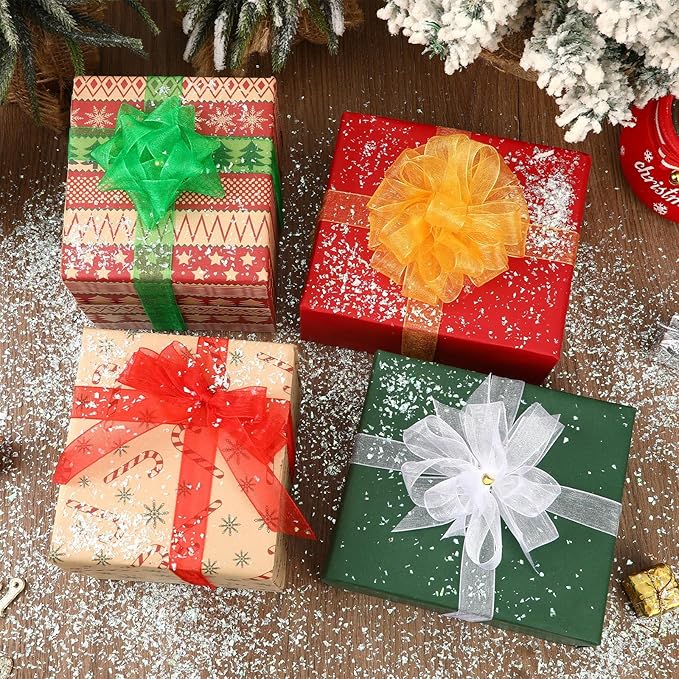 DECYOOL 4 Rolls 200 Yards Christmas Ribbons for Gift Wrapping, 4/5" Wide Christmas Organza Ribbon Xmas Holiday Chiffon Ribbons for Wreaths Festival Decoration and DIY Crafts (Red, Green, White, Gold)