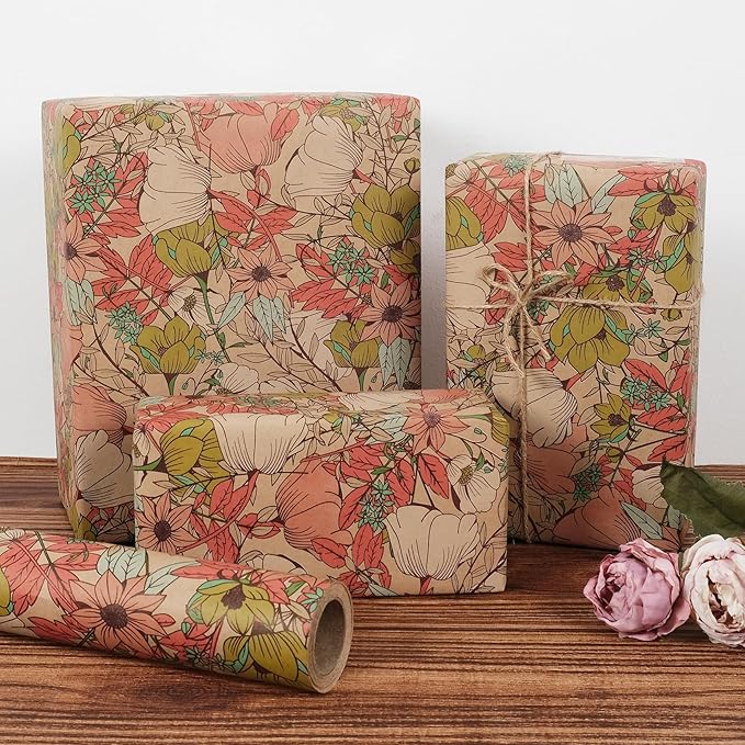 Aimyoo Kraft Floral Wrapping Paper Roll - Jumbo Roll - 30 Inch x 33 Feet - All Occasion Vintage Flower Gift Wrap Paper for Mother's Day Wedding Birthday Bridal Shower