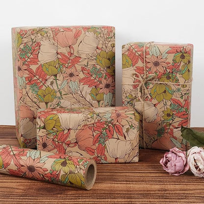 Aimyoo Kraft Floral Wrapping Paper Roll - Mini Roll - 17 Inch x 32.8 Feet - All Occasion Vintage Flower Gift Wrap Paper for Mother's Day Wedding Birthday Bridal Shower