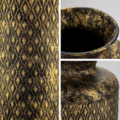 Flower Vase Rustic Metal Vase, 14" Black and Gold Pattern Vase for Farmhouse Home Décor Artificial Flowers and Centerpieces