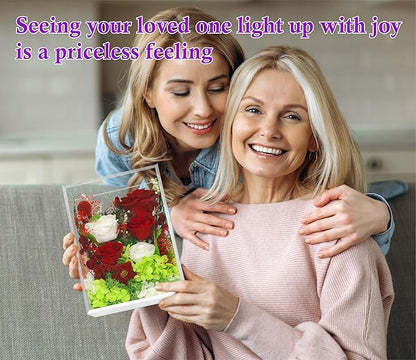 Valley of Rain & Forest Long-Lasting Real Flowers, Handcrafted Preserved Rose Bush For you to Send Love for All Occasions, Floral Arrangement for Indoor Decoration (Red White Roses Arrangement)