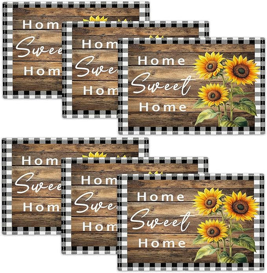 Farmhouse Sunflower Placemats Set of 6, Home Sweet Home Place Mats, Rustic Dining Table Mats, Washable Placemats for Kitchen Dining Room Home Decor 18L'' × 12W''