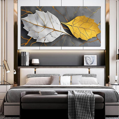 Large Canvas Wall Art for Living Room Bedroom Office Gold and White Leaves Picture Modern Canvas Prints Grey Abstract Framed Wall Decor Size 29x59