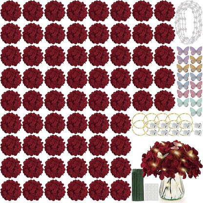 64PCS Artificial Hydrangea Flowers with Stems, Silk Hydrangea Heads with LED Decorative Lights, Crystal Strings & Butterfly Accents for Wedding Centerpieces and Home Decor(64, Burgundy)
