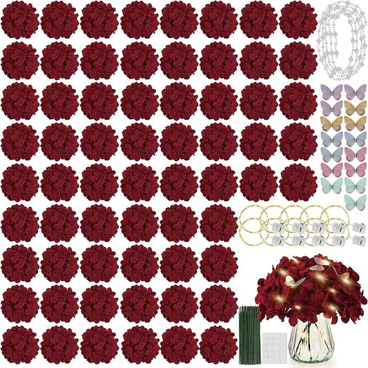 64PCS Artificial Hydrangea Flowers with Stems, Silk Hydrangea Heads with LED Decorative Lights, Crystal Strings & Butterfly Accents for Wedding Centerpieces and Home Decor(64, Burgundy)