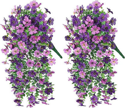 Artificial Faux Hanging Flowers Plants for Spring Outdoor Outside Decoration, 2 PCS Fake Silk Daisy with Eucalyptus UV Resistant Realistic Trailing Vines for Balcony Patio Porch (Darkpurple+Purple)