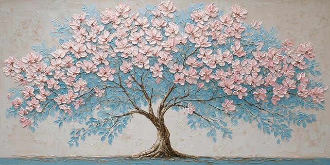 IDAFU Pink Tree of Life Canvas Wall Art Pink Flower Tree Wall Décor Abstract Pink Flowering Tree on Teal Blue Nature Landscape Painting Ready for Living Room, Bedroom, Office Home Décor 46L x 23W