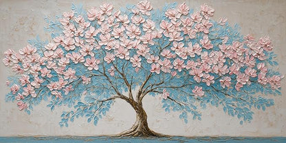 IDAFU Pink Tree of Life Canvas Wall Art Pink Flower Tree Wall Décor Abstract Pink Flowering Tree on Teal Blue Nature Landscape Painting Ready for Living Room, Bedroom, Office Home Décor 46L x 23W