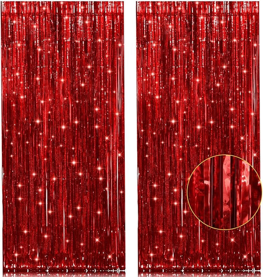 2 Pack Red Metallic Tinsel Foil Fringe Curtain, 3.2Ft x 8.2Ft Tinsel Curtain Party Photo Backdrop Streamers for Door Wall Window Curtains Background Birthday Christmas Valentines Day Decorations