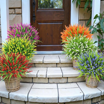 Ouddy Decor 24 Bundles Artificial Flowers for Outdoors, Fake Lavender Flowers Monkey Grass Faux Plastic Plants Shrubs UV Resistant for Porch Garden Window Box Office Home Decorations, Red