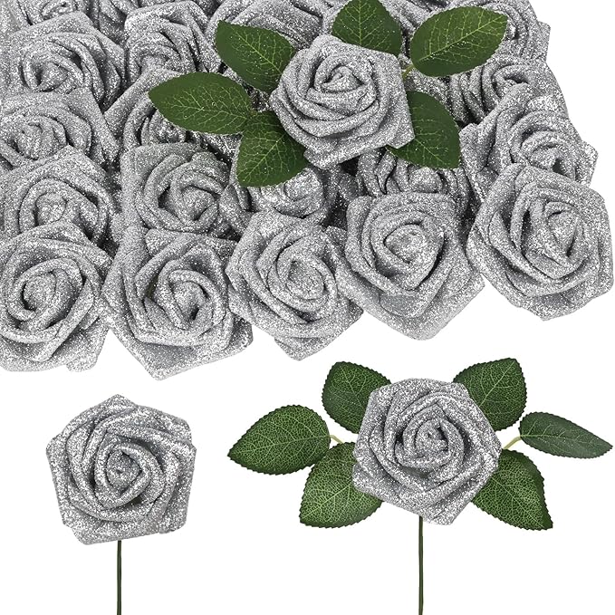 Fake Roses,50PCS Silver Roses Artificial Flowers 2.76" Foam Roses with Stems for Wedding Christmas DIY Wreath Home Table Floral Arrangement(Silver)