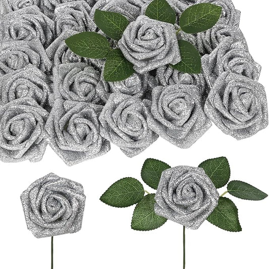 Fake Roses,50PCS Silver Roses Artificial Flowers 2.76" Foam Roses with Stems for Wedding Christmas DIY Wreath Home Table Floral Arrangement(Silver)