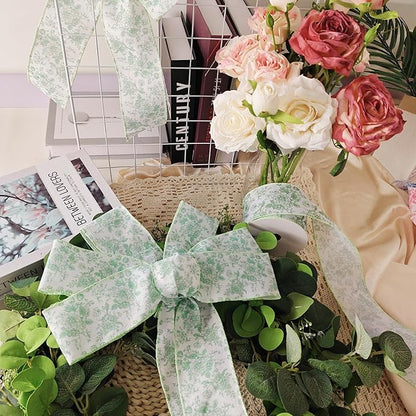 Green Floral Wired Ribbon 2.5 Inch Chinoiserie Vintage Flower Decorative Fabric White and Green Ribbon for Bow Wreath DIY Crafts, 15 Yards
