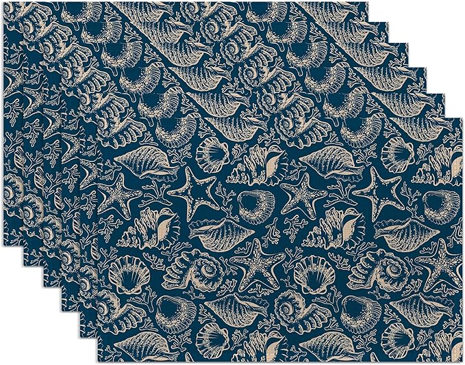 Ocean Coral Teal Placemats Set of 6,Washable Heat Resistant 12×18 Inch Linen Table Mats Coastal Place Mats for Party Outdoor Dining Décor