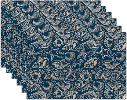 Ocean Coral Teal Placemats Set of 6,Washable Heat Resistant 12×18 Inch Linen Table Mats Coastal Place Mats for Party Outdoor Dining Décor