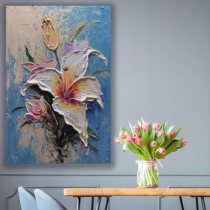 moshinart 24 x 36in Hand-Painted Oil Painting 3D Texture Black White Grey Modern Minimalist Black Abstract Wall Art, Home Office Wall Decoration Lily