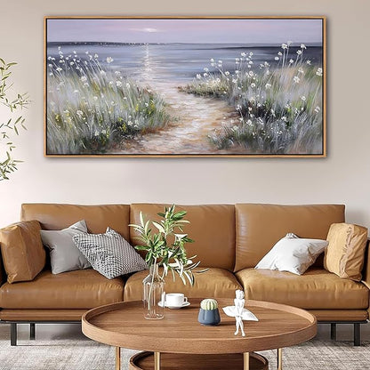 KLAKLA Bedroom Decor Wall Art Blue Beach Picture Ocean Theme Flower Canvas Print Modern Coastal Seascape Painting Framed Seaside Artwork Floral Daisy for Home Sea Lake Living Room 24X48 Inch