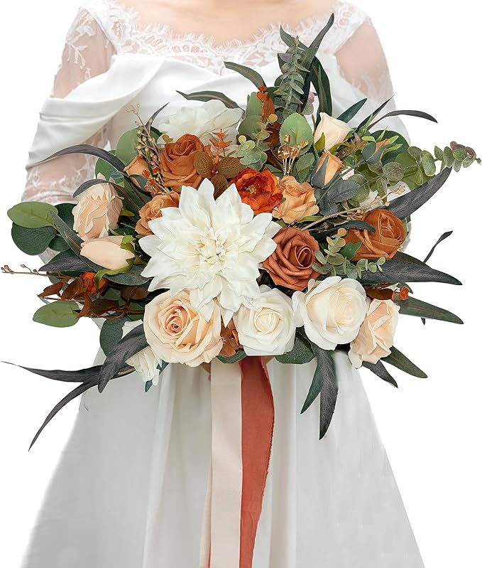14 Inch Terracotta Bridal Bouquet, Fall Wedding, Bride Bouquets for Ceremony & Anniversary, French Rustic Vintage Style, Artificial Flowers