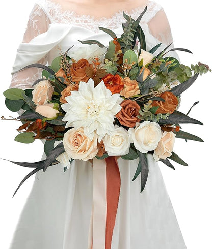 14 Inch Terracotta Bridal Bouquet, Fall Wedding, Bride Bouquets for Ceremony & Anniversary, French Rustic Vintage Style, Artificial Flowers