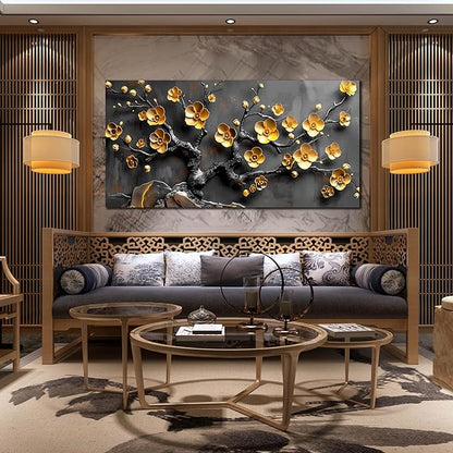Large Canvas Wall Art for Living Room Bedroom Home Office Grey and Gold Metal Color Plum Blossom Picture Modern Canvas Prints Framed Wall Decor Size 29x59