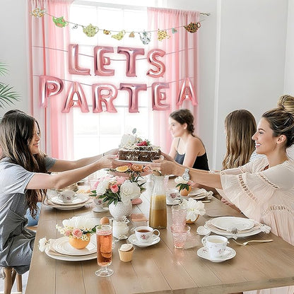 Let's Par Tea Decorations Tea Party Balloons Banner LET'S Par-Tea Foil Balloon Floral Teapots Teacups Balloons Banner Teacup banner for Birthday Baby Shower Wedding Party Supplies