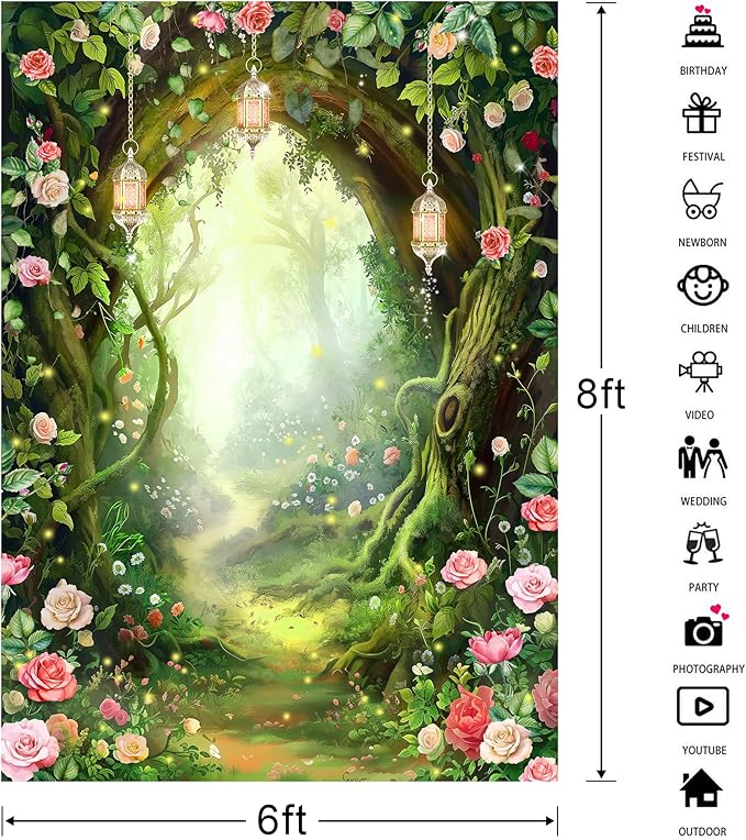 Riyidecor Enchanted Fairy Backdrop Polyester Fabric Fantasy Spring Wonderland Flower Greenery Woodland Tale 6Wx8H Feet Rose Nature Tree Photography Background Birthday Baby Shower Photo Studio Shoot
