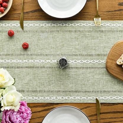 Artoid Mode Sage Green Rustic Cotton Linen Table Runner, Seasonal Embroidered Hollow Kitchen Dining Table Decoration for Home Party Decor 13x60 Inch