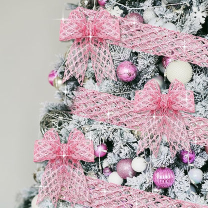 Geosar 20 Yards Pink Glitter Mesh Wired Ribbon for Christmas Tree Decorations, Gift Wrapping, DIY Craft, Xmas Wreaths, Cabinet Decor (2.5 Inch)